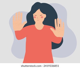 Woman says NO with her hands and protects her rights. Female expresses disagreement. Girl raised her hands to say stop. Body language and nonverbal communication. Women empowerment movement concept. 