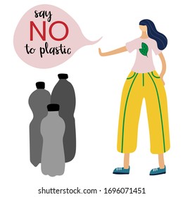 woman says no to plastic bottles. Waste recycling concept. Green Eco Earth. flat vector illustration