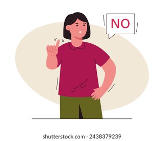 Woman says no and showing stop with one finger, taboo sign, negates with a facial expression. No, she makes a stop gesture. Concept of denial, refusal. Vector illustration svg