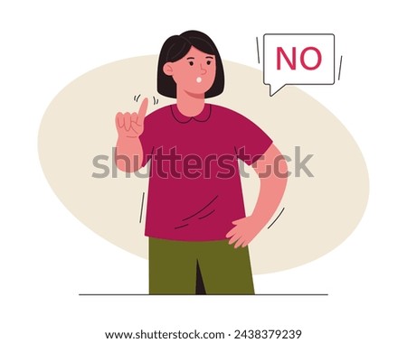Woman says no and showing stop with one finger, taboo sign, negates with a facial expression. No, she makes a stop gesture. Concept of denial, refusal. Vector illustration