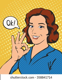 Woman says okay success pop art comics retro style illustration