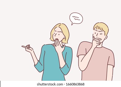 Woman says rumors to other man character. Hand drawn style vector design illustrations.