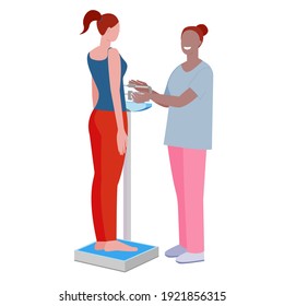 woman scale. nurse weighs patient. weight check. mechanical scales. weight control. stock vector illustration isolated on white background.