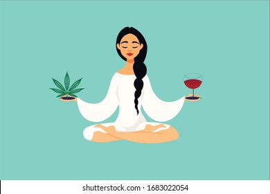A woman scales weighing machine balance. Making decisions. Soothing, stress, legalization, addiction and conceptual issues. Alkohol or drugs images