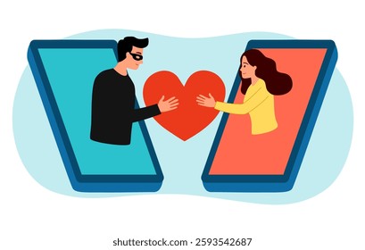 Woman and scammer guy on mobile screen. Online dating scam on smartphone mobile app in flat design. Phone phishing. Romance scam concept.