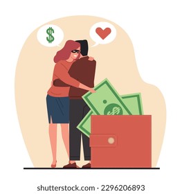 Woman scammer steals money from purse of man in love. Fake relationships, female thief, dangerous romantic feelings, illegal behavior, trusting person cartoon flat style vector concept