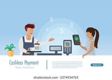 Woman scan qr code to pay for coffee. Cashless and contactless financial technology for business. Vector.