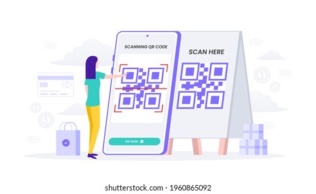 Woman scan qr code with smartphone cashless online payment flat illustration design vector. suitable for user interface, ui, ux, web, mobile, banner and infographic. 