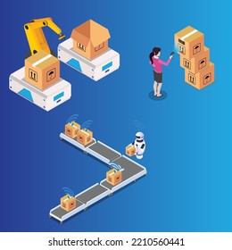 Woman scanning barcode with robots packing boxes 3d isometric vector illustration concept for banner, website, landing page, ads, flyer template