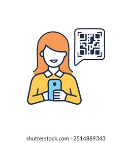 Woman scanning qr code on smartphone. Illustration of a smiling woman using her smartphone to scan a QR code. The code is displayed in a speech bubble.