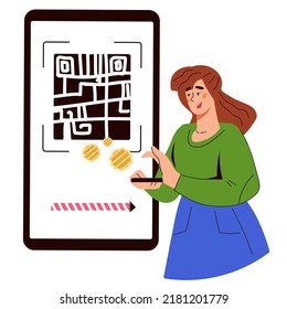 Woman scanning QR code for online payment, flat cartoon vector illustration isolated on white background. QR scanner app for mobile app.