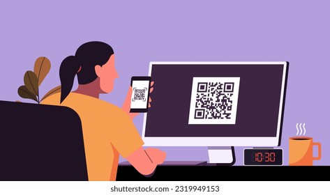 Woman scanning QR code with smartphone on computer screen for getting information or cashless online payment, flat vector illustration