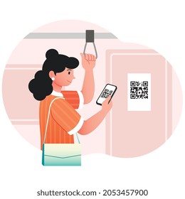 Woman scans qr code on bus. Cashless payment for public transport, modern technologies