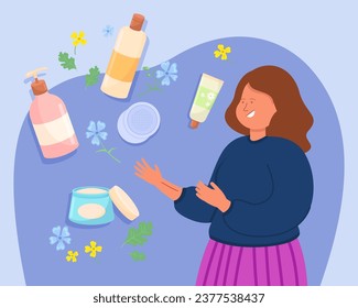 Woman with scar on hand choosing effective treatment vector illustration. Different cosmetic products, herbal creams for scar care. Treatment, beauty, cosmetic concept