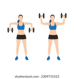 Woman scarecrow arms elbow shoulder rotations with dumbbell. Flat vector illustration isolated on white background