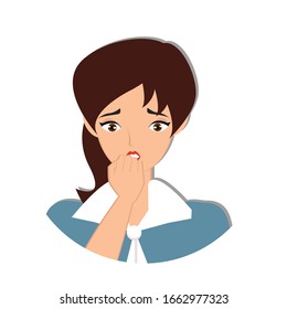 Woman scared and anxious biting her finger nails. Creative idea design. Flat vector illustration for template, brochure or presentation.