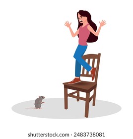 woman scared by a mouse, woman climbs on top of a chair, vector illustration white background