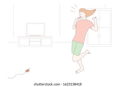 Woman Scared Of A Cockroach.Hand Drawn Style Vector Design Illustrations.