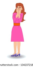 Woman with scared face expression, Young woman expression with her hands on the head. Cartoon style illustration.