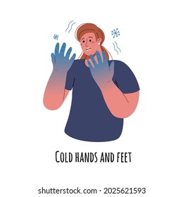 The woman with scared face has a fever and her hands are frozen.The temperature rises quickly, the girl caught a cold, caught a virus.Modern vector illustration in flat style. 