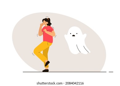 Woman scared of ghost. Fear of paranormal spirits, necrophobia. Phobia, psychological problem, anxiety and mental health concept. Modern flat vector illustration