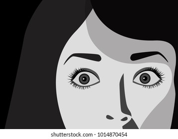 Woman scared illustration, surprised, eyes close up, vector