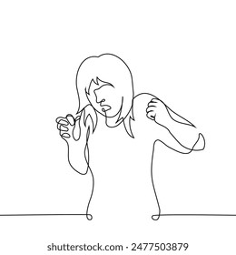 woman is scared and looks down with her mouth open and her hands clenched into fists from fear - one line art vector. concept fear, phobia, disgust and horror. Handmade vector not Ai