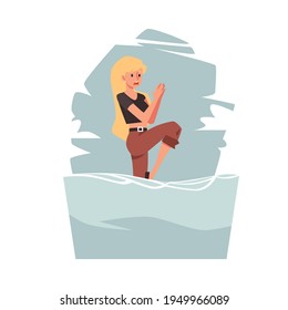 Woman scared of water, flat vector illustration isolated on white background.
