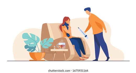 Woman in scarf catching cold and suffering from flu. Man taking care about sick girlfriend, giving thermometer to her. Vector illustration for infection, healthcare, illness concept