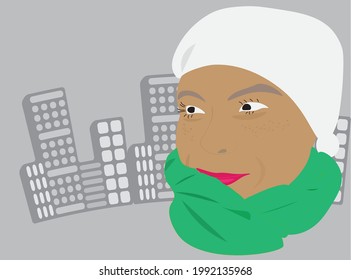 a woman in a scarf looking sideways with a white cap