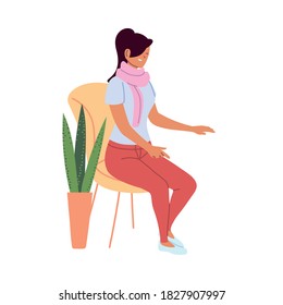 Woman with scarf sitting on a chair next to a flower pot vector illustration design