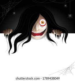 Woman scary ghost zombie, ghost character behind a paper frame for text and haunting in the dark with spiders and spiderwebs. Vector illustration for halloween.