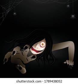 Woman scary ghost zombie, ghost creeping character haunting in the dark with spiders and spiderwebs. Vector illustration for halloween.