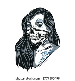 Woman in scary skull mask with chicano tattoos and round earrings in vintage monochrome style isolated vector illustration