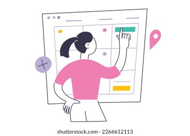 Woman schedules her day in online calendar using a phone app. Female character managing tasks to do, reminders, events and notes in business planner application for agenda. Flat vector illustration