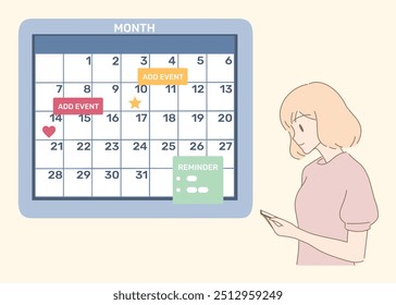 Woman scheduling pregnant menstruation periods on smartphone with calendar application. Girl planning days, checking, adding events, reminders . Hand drawn flat cartoon character vector illustration.