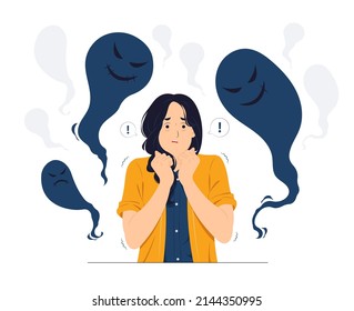 Woman and Schizophrenia  post  traumatic stress mental disorder  shocked  scared  panic  anxiety  frustrated  fear   terrified concept illustration