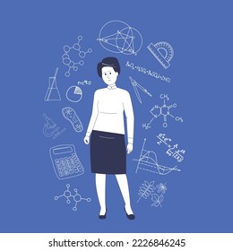 Woman school teacher of geometry, chemistry, biology.Vector concept of school subjects.