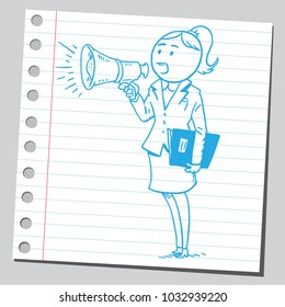 Woman school teacher with megaphone ( sketch style drawing )