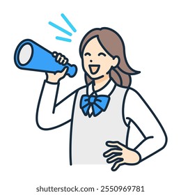 A woman in a school uniform cheers with a megaphone. Vector illustration of a girl cheering.