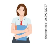 Woman in school uniform confidently holds folders, symbolizing readiness and dedication to learning. Flat vector illustration isolated on white background