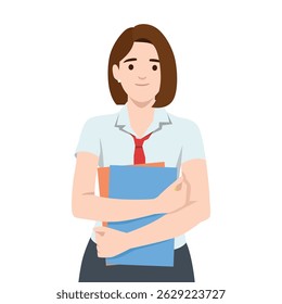 Mulher com uniforme escolar segura pastas com confiança, simbolizando prontidão e dedicação ao aprendizado. Ilustração de vetor plano isolada no plano de fundo branco