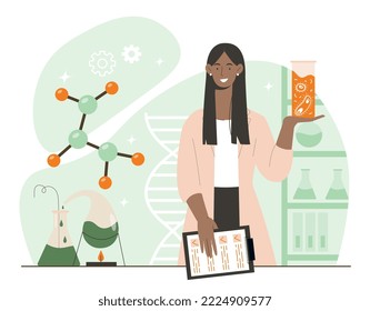 Mujer en la ciencia. Chica junto a la molécula y sostiene la sustancia en la mano. Experimento científico en laboratorio, desarrollo de medicamentos y estudio de reacciones químicas. Dibujo vectorial plano de dibujos animados