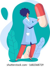 Woman scientific associate with big pill, doctor research analysis, characters concept and vector illustration on white background. Medical examination, observation by research fellow. Flat style.