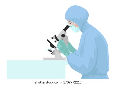 Woman scientist analyzes results in the microscope, chemistry laboratory, protect suit. Flat hand drawn realistic illustration on white background.