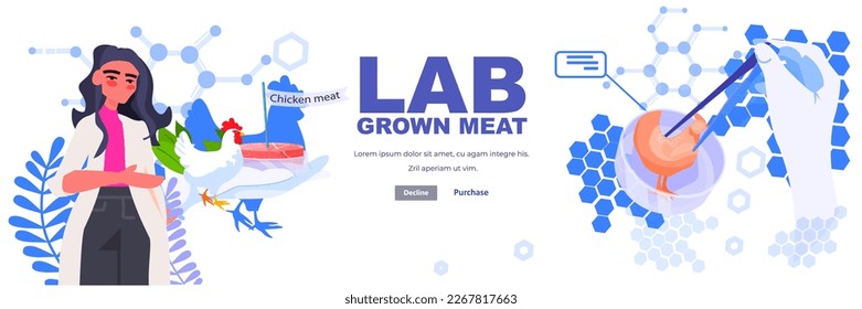 woman scientist analyzing dna of cultured chicken meat artificial lab grown meat production concept