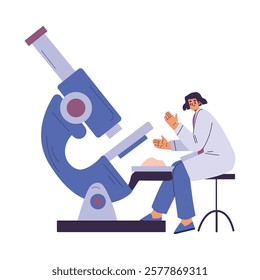 Woman Scientist Character in Coat Sit with Microscope Vector Illustration