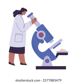 Woman Scientist Character in Coat Standing with Microscope Vector Illustration