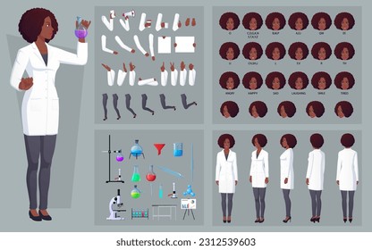 Woman Scientist Character Creation pack Chemist with Laboratory Equipment, Gestures, Poses, and Face Expressions with Woman Wearing White Lab Coat