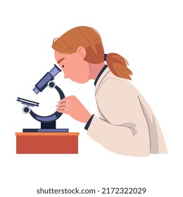 Woman Scientist Character in White Coat Examining Something in Microscope Vector Illustration